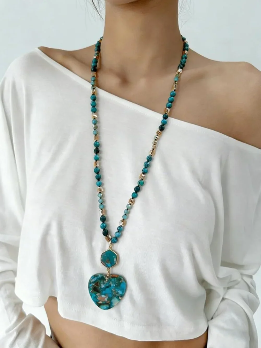 Boho Beaded Pendant Necklace for Women & Men - Natural Turquoise & Tiger Eye